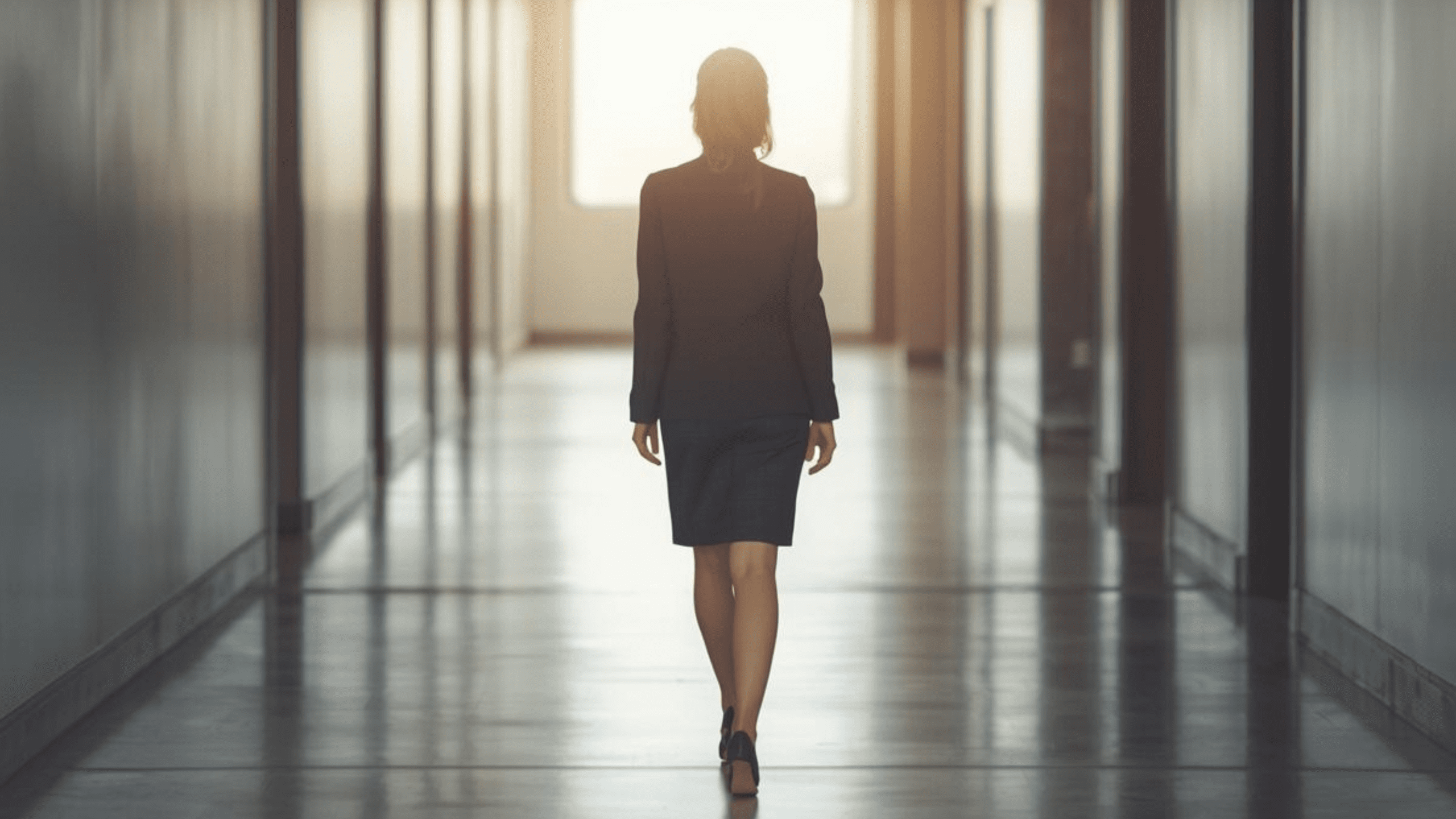 a female leader walking forward through a modern hallway or open space, with part of the background slightly unclear and the path ahead becoming brighter and more focused. The feeling should be calm, credible, and reassuring.